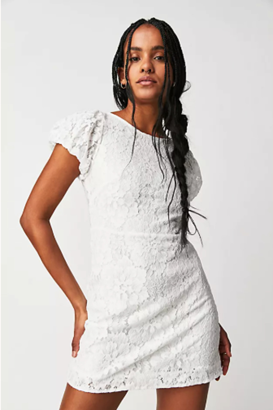 Free People Hailee Lace Mini Dress Size Large Ivory White Tie Back Puff Sleeves